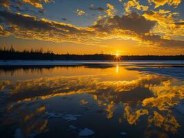 AI generated An image of a vibrant sunset over a serene lake, with colorful reflections shimmering on the water with snow photo