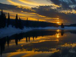 AI generated An image of a vibrant sunset over a serene lake, with colorful reflections shimmering on the water with snow photo