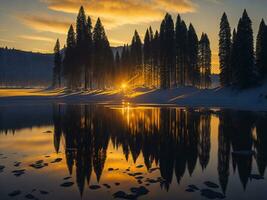 AI generated An image of a vibrant sunset over a serene lake, with colorful reflections shimmering on the water with snow photo