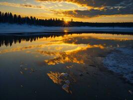 AI generated An image of a vibrant sunset over a serene lake, with colorful reflections shimmering on the water with snow photo