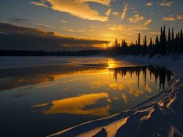 AI generated An image of a vibrant sunset over a serene lake, with colorful reflections shimmering on the water with snow photo