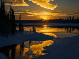 AI generated An image of a vibrant sunset over a serene lake, with colorful reflections shimmering on the water with snow photo