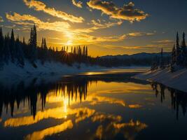 AI generated An image of a vibrant sunset over a serene lake, with colorful reflections shimmering on the water with snow photo