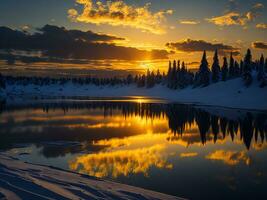 AI generated An image of a vibrant sunset over a serene lake, with colorful reflections shimmering on the water with snow photo