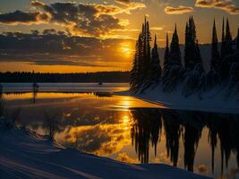 AI generated An image of a vibrant sunset over a serene lake, with colorful reflections shimmering on the water with snow photo