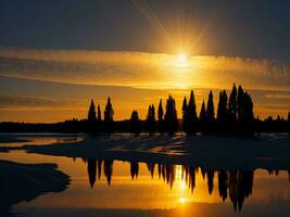 AI generated An image of a vibrant sunset over a serene lake, with colorful reflections shimmering on the water with snow photo