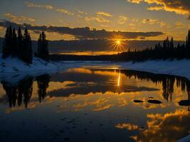 AI generated An image of a vibrant sunset over a serene lake, with colorful reflections shimmering on the water with snow photo