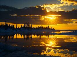 AI generated An image of a vibrant sunset over a serene lake, with colorful reflections shimmering on the water with snow photo