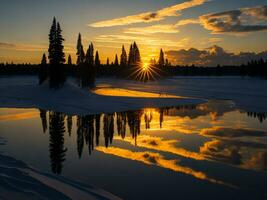 AI generated An image of a vibrant sunset over a serene lake, with colorful reflections shimmering on the water with snow photo