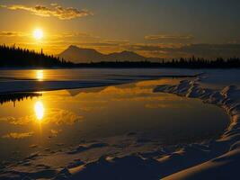 AI generated An image of a vibrant sunset over a serene lake, with colorful reflections shimmering on the water with snow photo