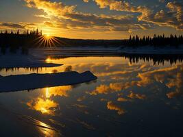 AI generated An image of a vibrant sunset over a serene lake, with colorful reflections shimmering on the water with snow photo