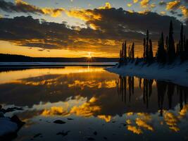 AI generated An image of a vibrant sunset over a serene lake, with colorful reflections shimmering on the water with snow photo