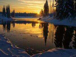 AI generated An image of a vibrant sunset over a serene lake, with colorful reflections shimmering on the water with snow photo