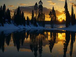 ai generado un imagen de un vibrante puesta de sol terminado un sereno lago, con vistoso reflexiones reluciente en el agua con nieve foto