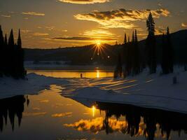 ai generado un imagen de un vibrante puesta de sol terminado un sereno lago, con vistoso reflexiones reluciente en el agua con nieve foto