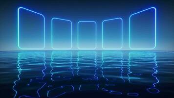 Glowing neon lines with water surface background, 3d rendering. video