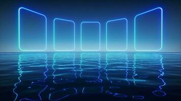 Glowing neon lines with water surface background, 3d rendering. video