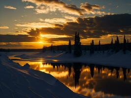 AI generated An image of a vibrant sunset over a serene lake, with colorful reflections shimmering on the water with snow photo