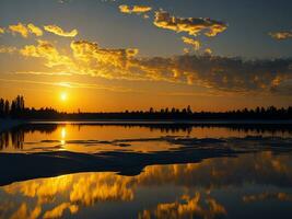 AI generated An image of a vibrant sunset over a serene lake, with colorful reflections shimmering on the water with snow photo