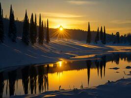 AI generated An image of a vibrant sunset over a serene lake, with colorful reflections shimmering on the water with snow photo