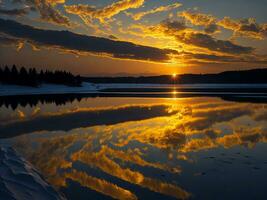 AI generated An image of a vibrant sunset over a serene lake, with colorful reflections shimmering on the water with snow photo