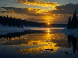 AI generated An image of a vibrant sunset over a serene lake, with colorful reflections shimmering on the water with snow photo