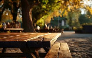 AI generated sitting on an empty wooden table in a park photo