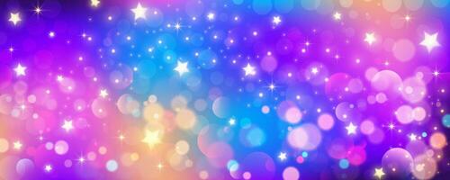 Rainbow unicorn background. Pastel glitter pink fantasy galaxy. Magic mermaid sky with bokeh. Holographic kawaii abstract space with stars and sparkles. Vector