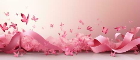 AI generated pink ribbon with floating petals surrounded by white space photo