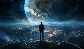 AI generated man standing on the earth looking at earth from space photo