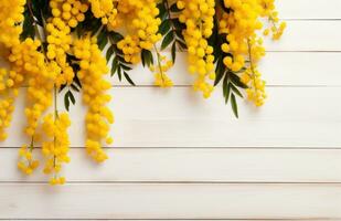 AI generated mimosa flowers on wooden white background with caption with copyspace photo