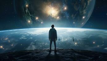 AI generated man standing on the earth looking at earth from space photo
