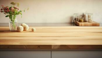 AI generated modern wooden counter top by the living room wooden photo