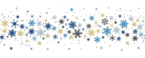 Snowflakes vector background. Winter holiday decor with colorful crystal elements. Graphic icy frame isolated on white backdrop.