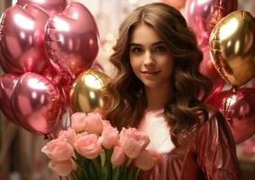 AI generated smiling girl holding 8 gold foil balloons with a tulip in hands photo
