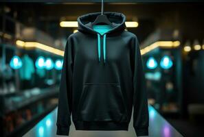 AI generated hoodie hanging with neon lights photo