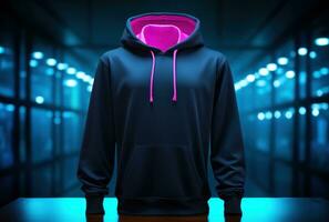 AI generated hoodie hanging with neon lights photo