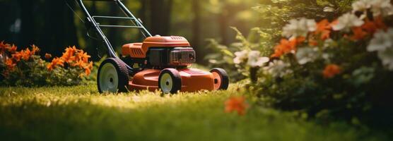 AI generated lawn mower in garden on day photo