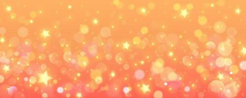 Orange gradient background. Pastel sunny sky with glitter stars and bokeh. Fantasy galaxy with sparkles. Magic marble space. Vector