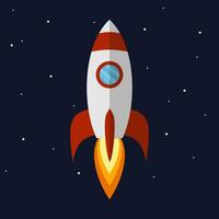 Rocket launch, ship flies into the space. Concept of new business project start up development and launch a new innovation product on a market. Vector illustration.