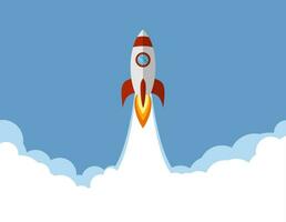 Rocket launch, ship flies into the sky or space. Concept of new business project start up development and launch a new innovation product on a market. Vector illustration