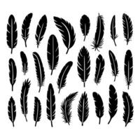 A collection of bird feathers set icon. Feather silhouette. Vintage pen for calligraphy. Plumelet collection. Vector isolated on white