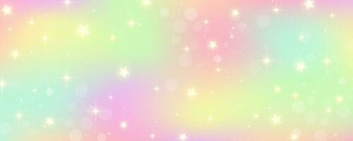 Rainbow unicorn background. Pastel pink color sky with stars. Holographic fantasy print with bokeh. Vector wallpaper for princess girl design.