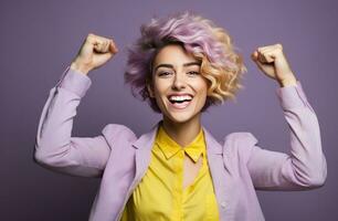 AI generated happy young woman flexing her arm in the air confident photo