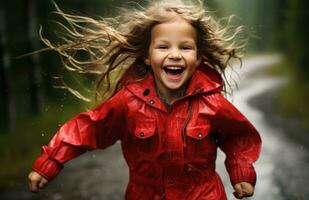 AI generated happy little girl in red running through the rain happy photo