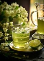 AI generated green tea with flowers on a table photo