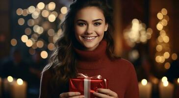 AI generated happy young woman holds a gift up and laughing to camera photo