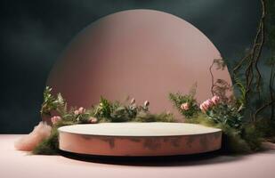 AI generated empty round wooden platform with green plants photo