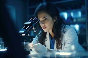 ai generado hembra médico trabajando a química laboratorio en un microscopio foto