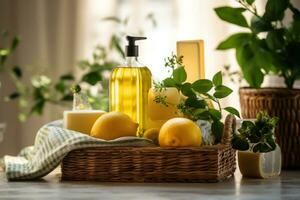 AI generated four natural soaps, a cleaning spray and some green plants in a basket photo